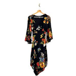 Vintage Y2K American Angel Floral Midi Dress Sz M Black 90s Boho Romantic Witchy